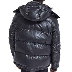 Black Leather Puffer Jacket With Straps