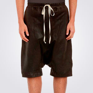 Black Leather Shorts for Men with Drawstring Adjustment