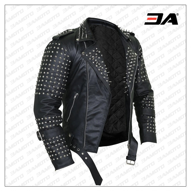 Black Punk Leather Jacket With Spikes Decor