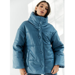 Blue Leather Puffer Jacket for Women