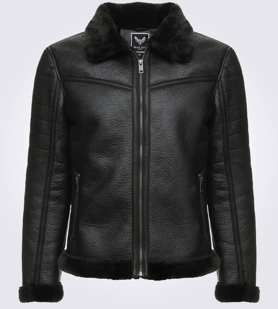 Brave Black Shearling Leather Jacket Focus