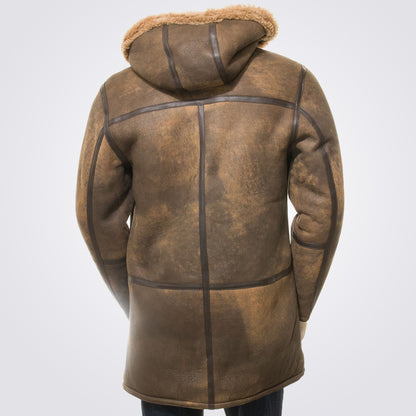 Brown Hooded Sheepskin Duffle Coat for Men