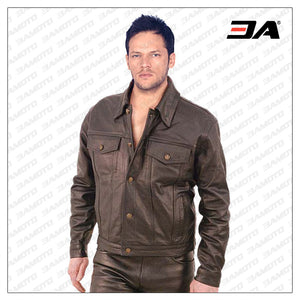 Button Cuffed And Denim Styled Mens Leather Shirt