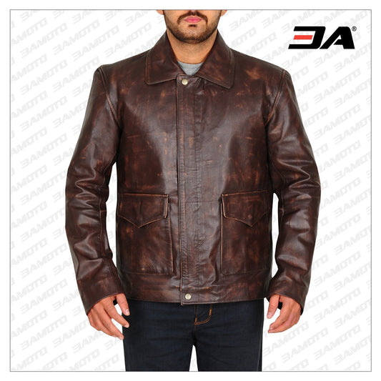 INDIANA JONES DISTRESSED MEN BROWN LEATHER JACKET - 3A MOTO LEATHER