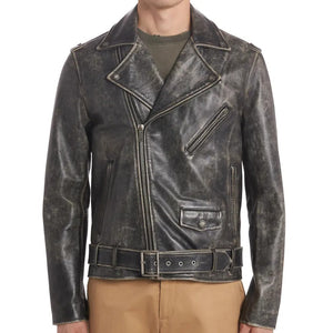 Distressed Leather Moto Jacket For Men