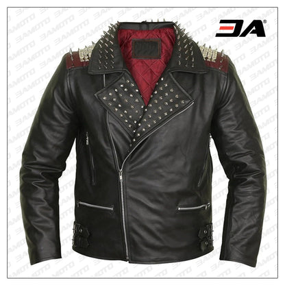 Edgy Black Leather Biker Jacket With Red Quilted Lining