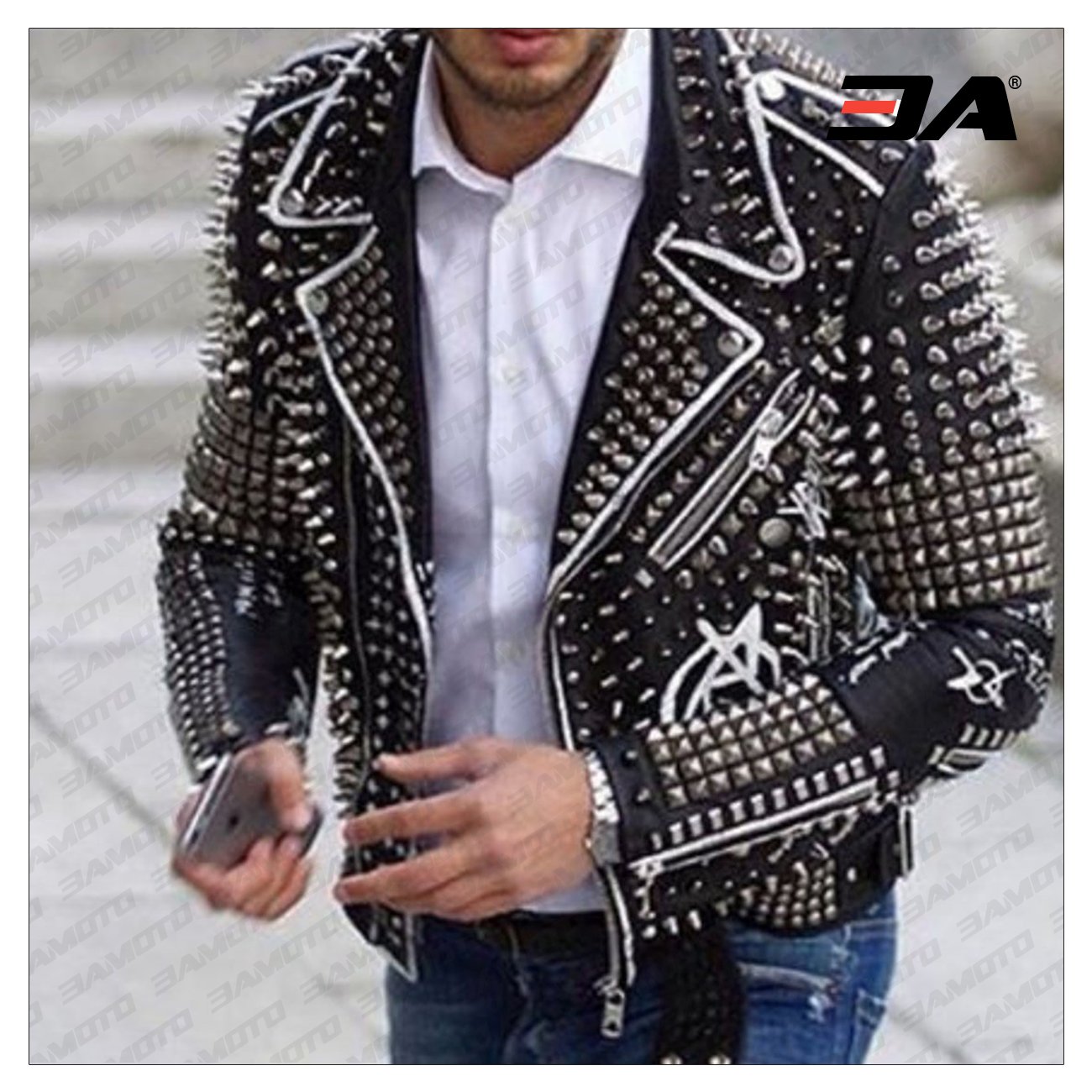 Handmade Mens Black Fashion Studded Punk Style Leather Jacket - 3A MOTO LEATHER