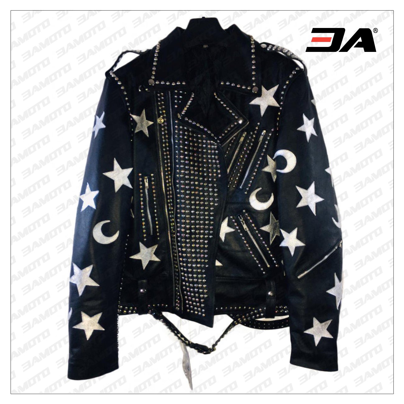 Handmade Mens Black Leather Studded Stars Punk Jacket | 3amoto