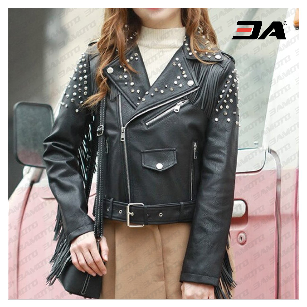 Handmade New Woman Full White Brando Punk Silver Metal Studded Design Leather Jacket, Western style fringes jacket women - 3A MOTO LEATHER