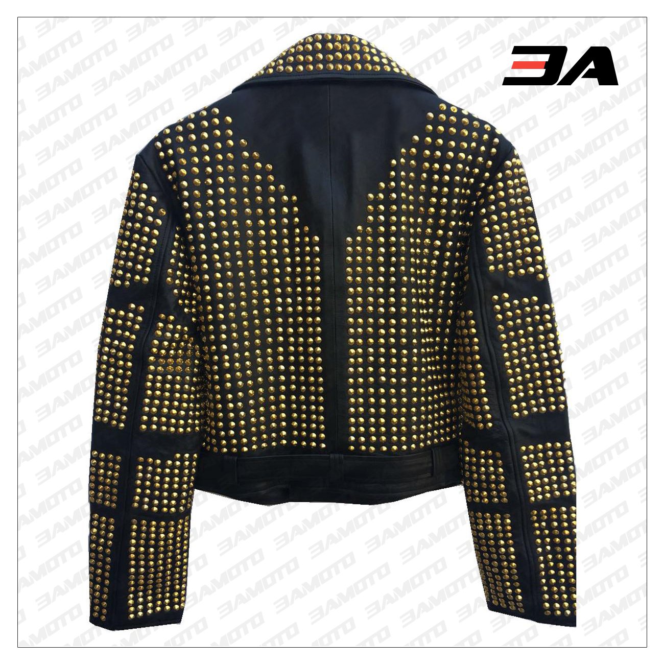 Handmade Womens Black Fashion Golden Studded Punk Style Leather Jacket - 3A MOTO LEATHER