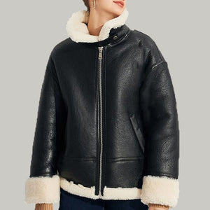 Lapel Collar Woman Overcoats Natural Shearling Leather Coat Womans Shearling Jacket Black