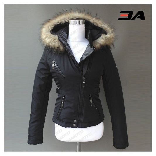 WOMEN'S LEATHER AND FUR DOWN JACKET BLACK