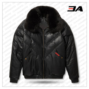 Leather V-Bomber Jacket Black with Black Fox Fur