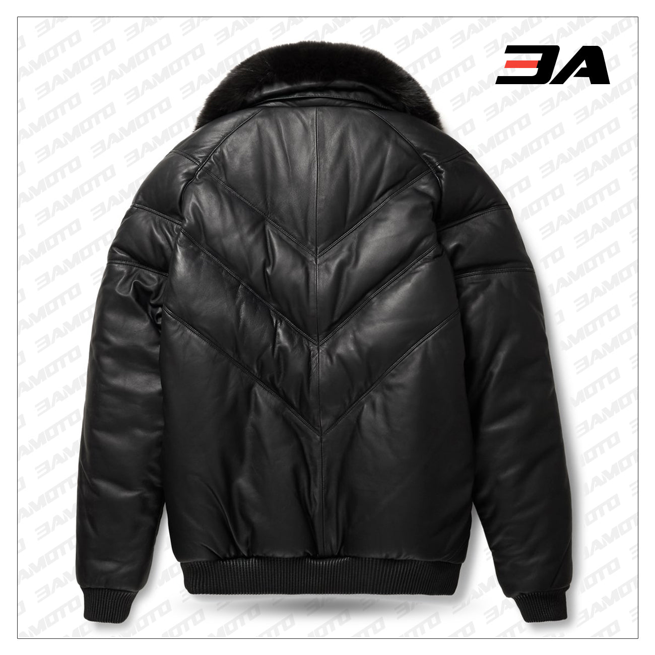 Leather V-Bomber Jacket Black with Black Fox Fur back