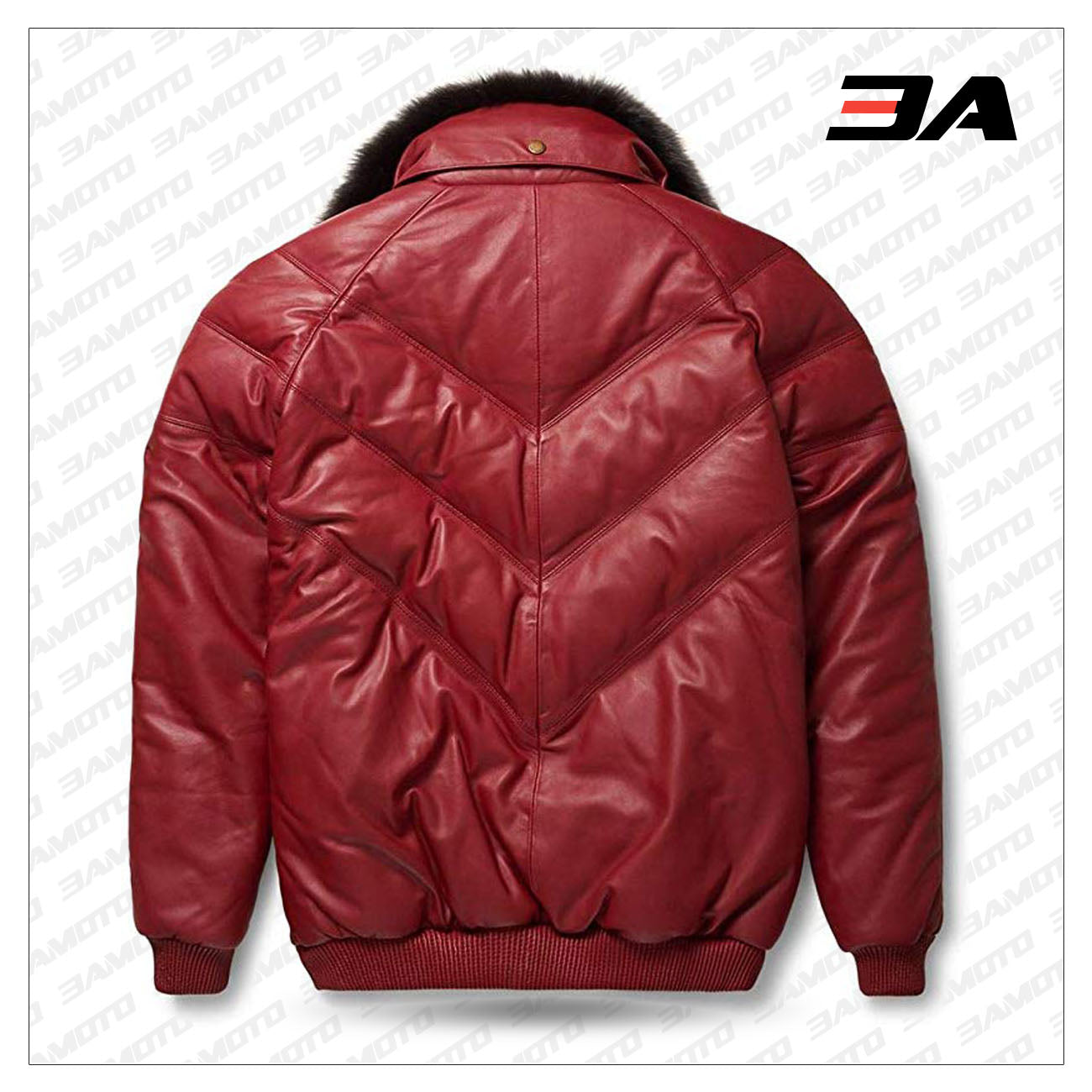 Leather V-Bomber Jacket Burgundy with Black Fox Fur back