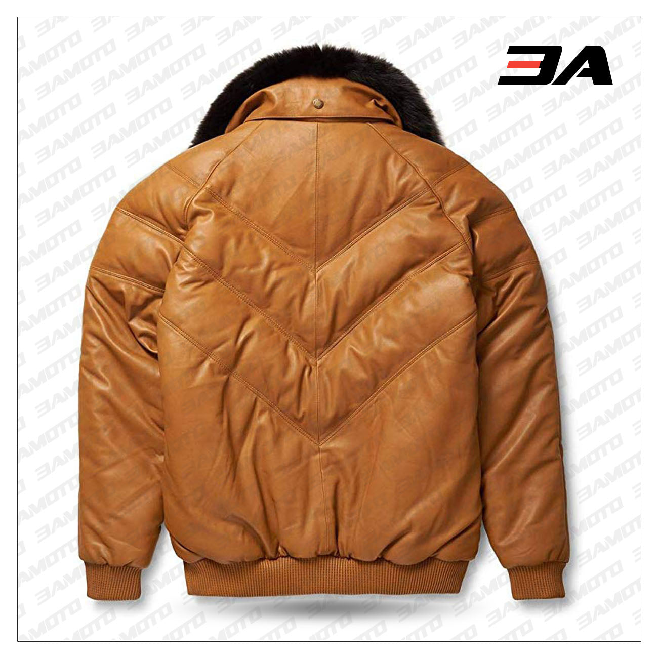 Leather V-Bomber Jacket Camel with Black Fox Fur back