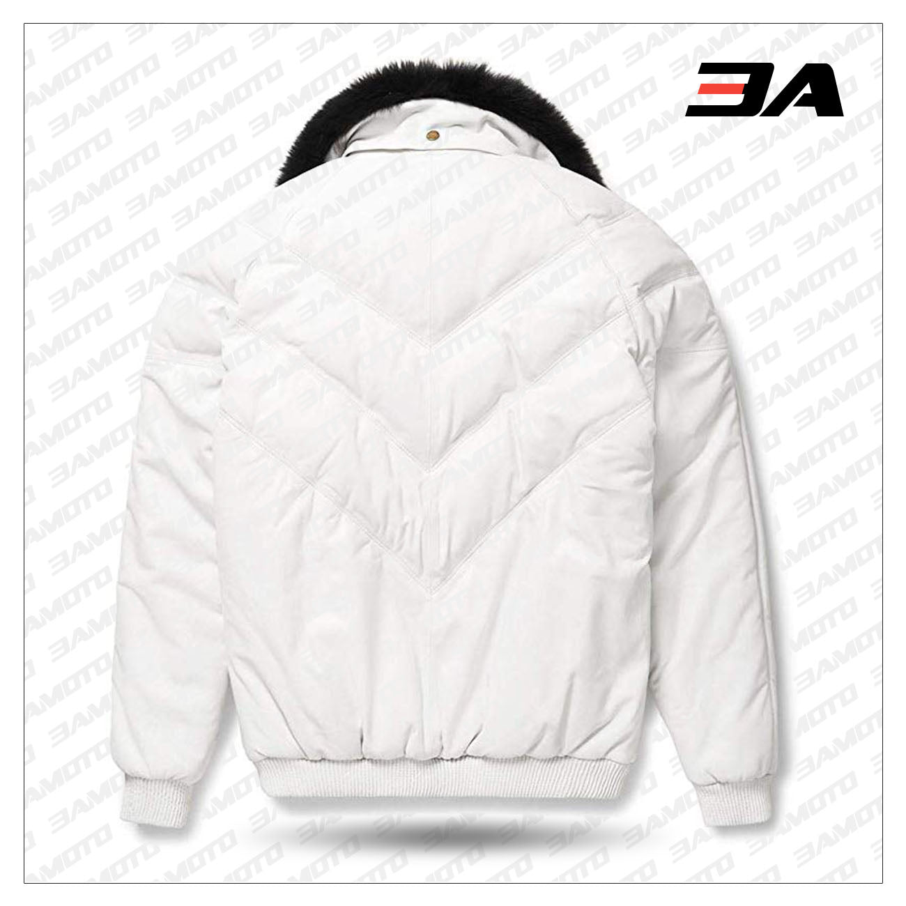 Leather V-Bomber Jacket White with Black Fox Fur back