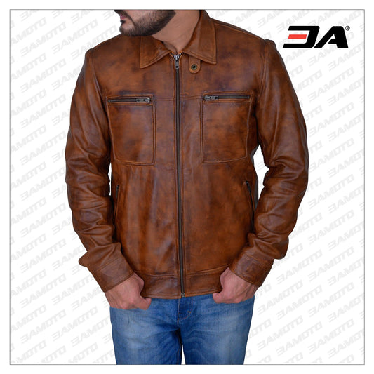 MEN’S DISTRESSED BROWN LEATHER JACKET - 3A MOTO LEATHER