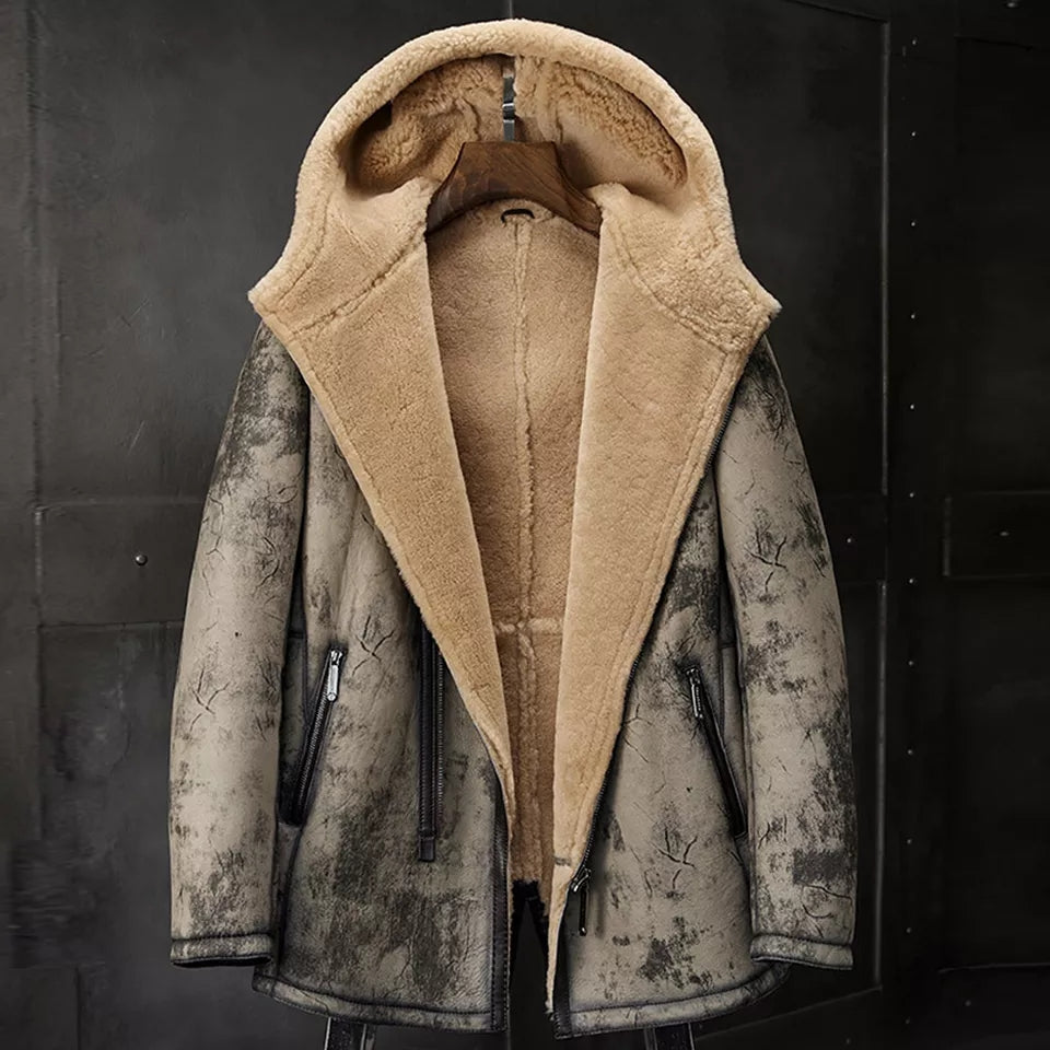 Men's B7 Flight Aviator Hooded Biker Bomber Premium Shearling Coat 202