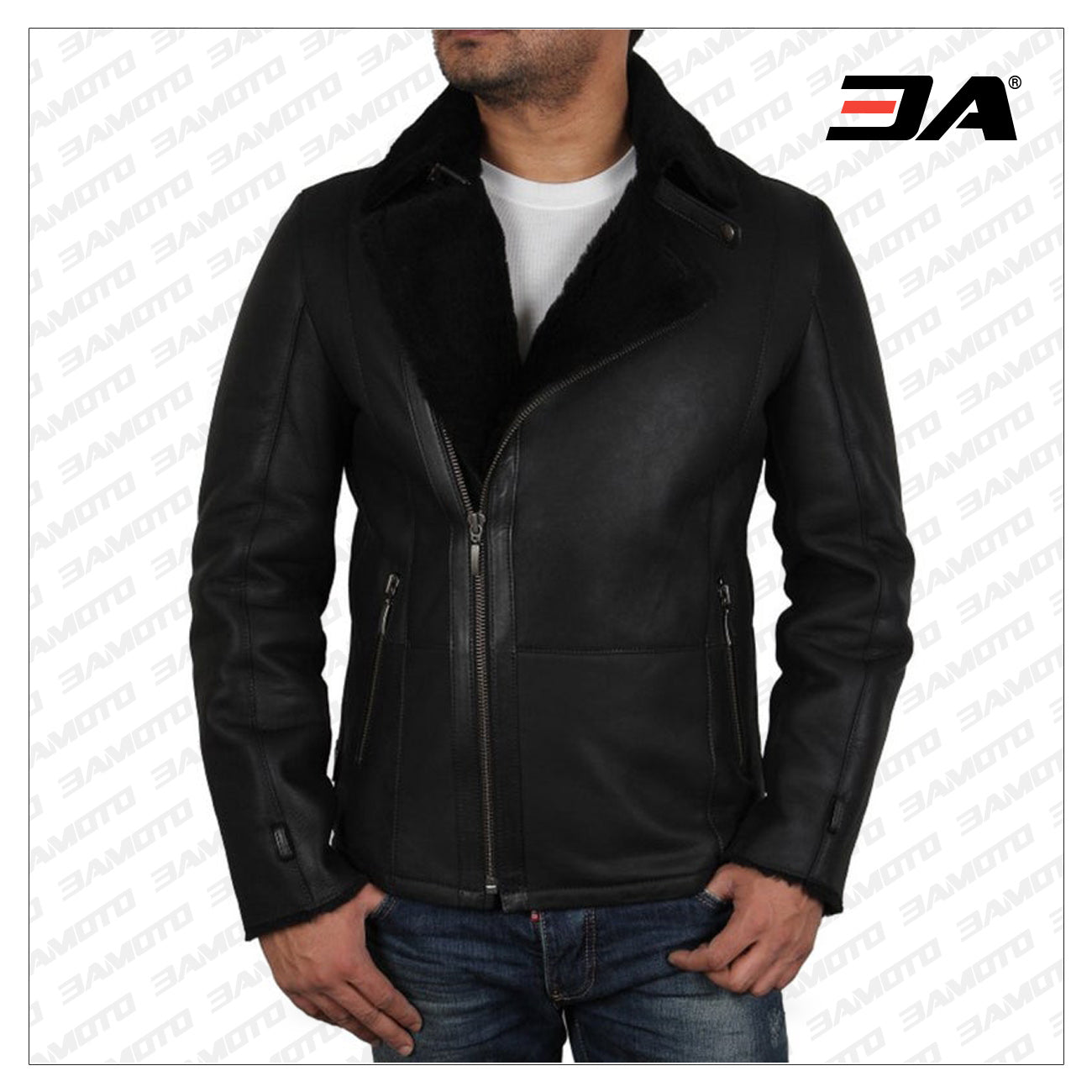 Men's Luxury Double Aviator Black Real Shearling Sheepskin Leather Flying Jacket