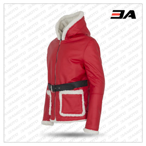 Mens Santa Claus Winter Christmas Hooded Fur Lined Red Leather Coat side