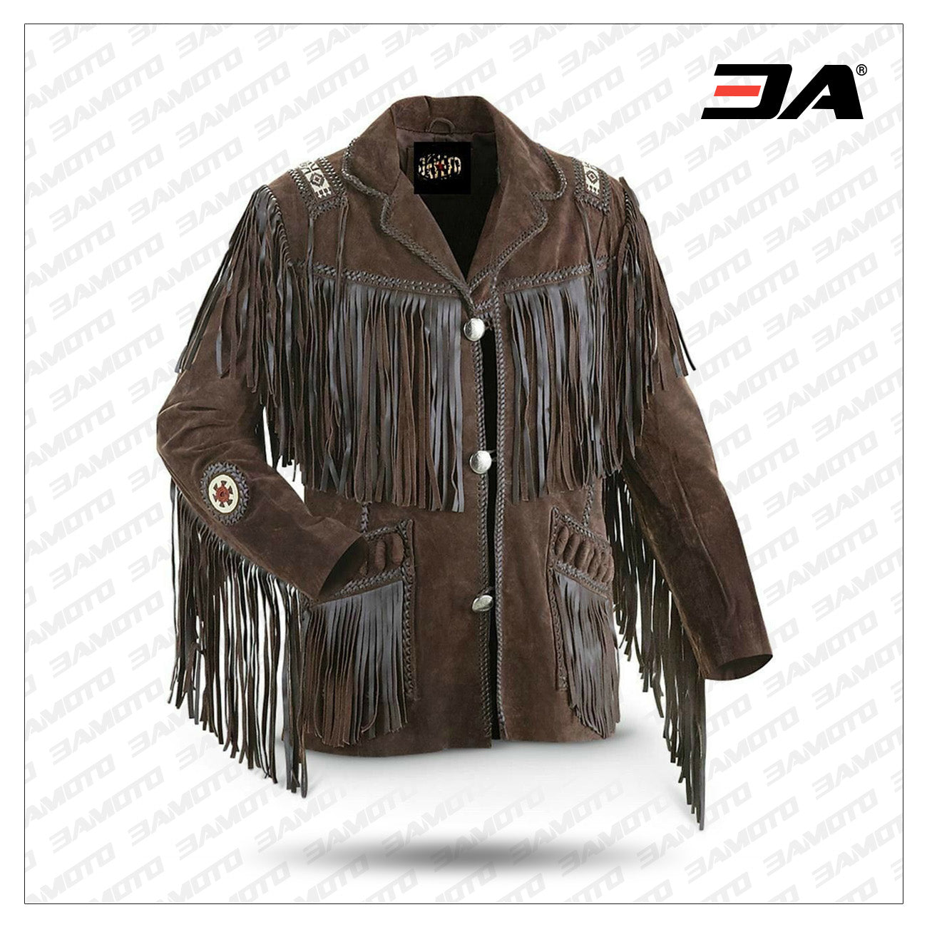 Men's traditional western cowboy leather jacket with fringe, bones, and beads for an authentic western look