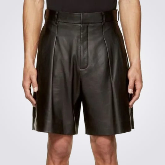 Men's Black Leather Pleated Shorts