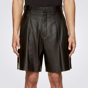 Men's Black Leather Pleated Shorts