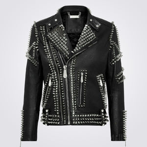 Mens Black Multi Full Silver Studded Punk Brando Cowhide Leather Jacket