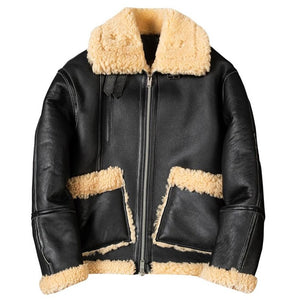 Mens Black Retro Winter Style Sheepskin Shearling Fur Leather Jacket Coat