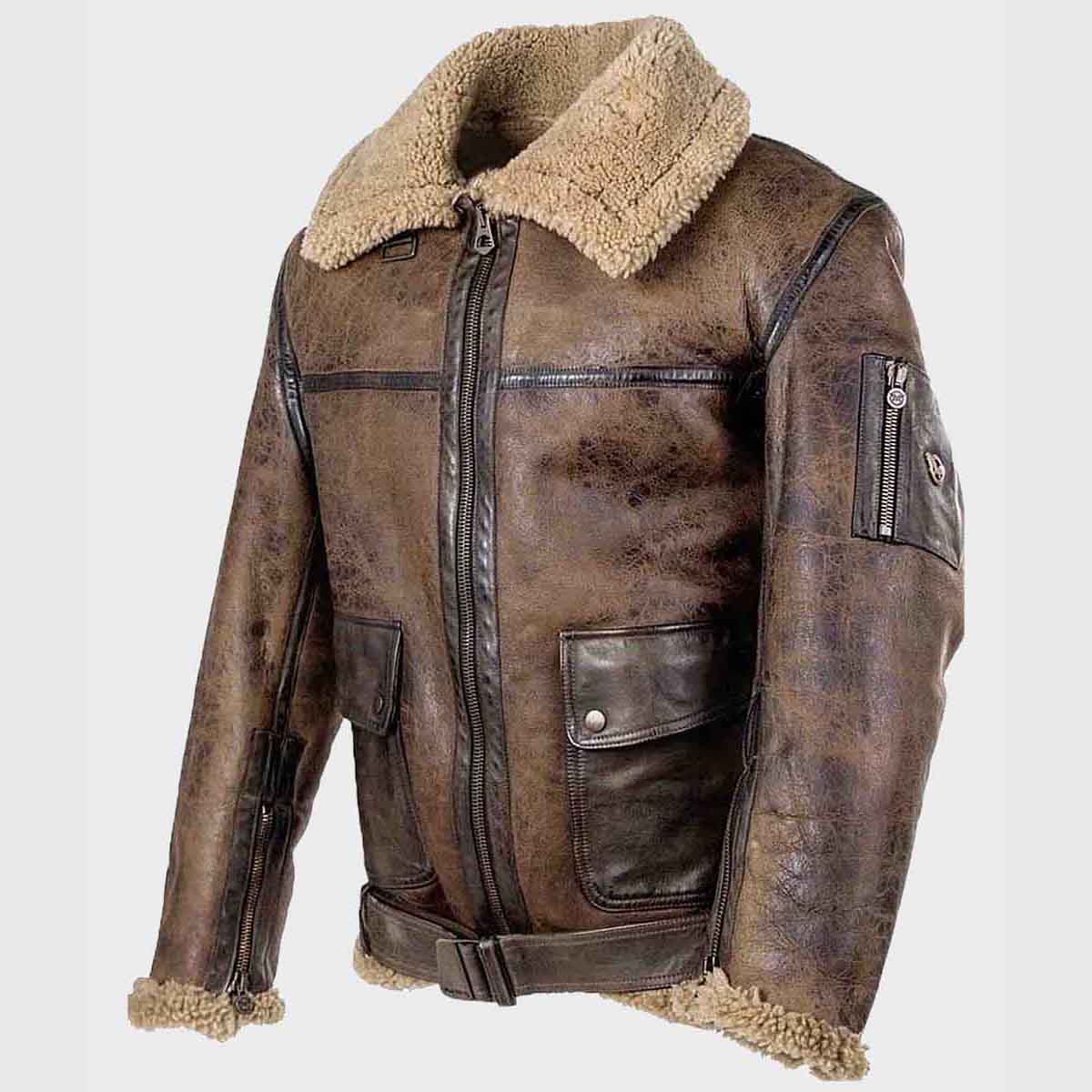Mens Brown Shearling Distressed Leather Jacket - Main Image