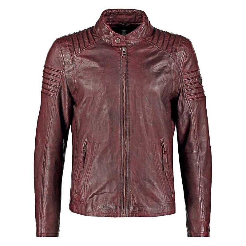 Mens Waxed Leather Cafe Racer Biker Jacket Copper Burgundy