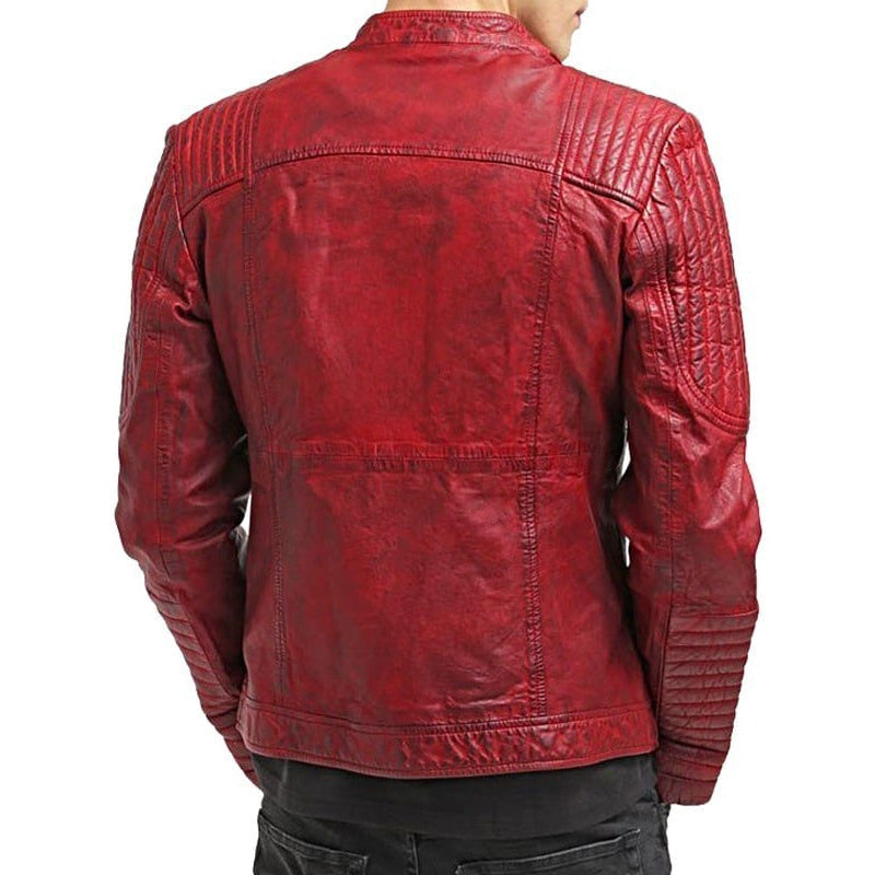 Mens Sheepskin Leather Cafe Racer Biker Jacket Redmaroon 9015