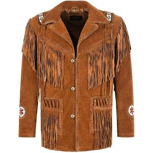 Mens Classic Western Cowboy Suede Leather Jacket in Tan