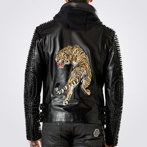 Mens Designer Hooded Biker Studded Leather Jacket with Lion Printed Back