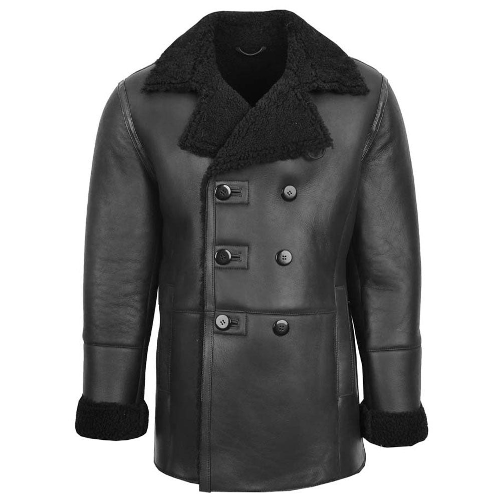 Mens Black Double Breasted Shearling Sheepskin Coat 2419