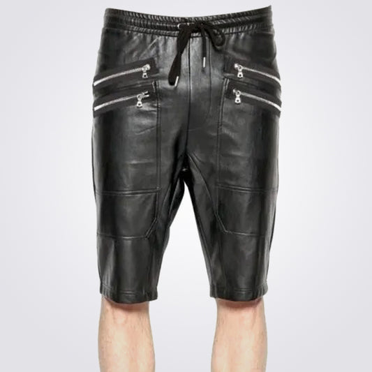 Mens Genuine Lambskin Black Leather Shorts with Elastic Waistband