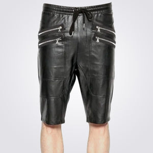 Mens Genuine Lambskin Black Leather Shorts with Elastic Waistband