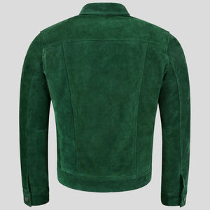Mens Green Trucker Style Suede Leather Jacket Back