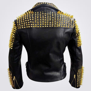 Men's Motorcycle Leather Jacket with Golden Studs and Heavy Metal Spikes