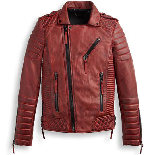 Mens Red Leather Biker Motorcycle Racer Jacket