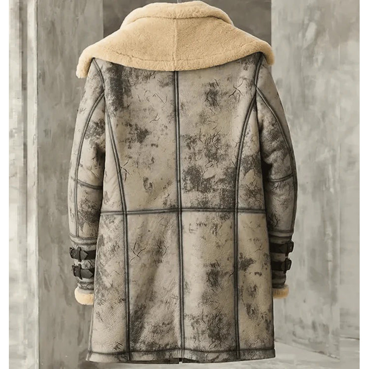 Mens Shearling Sheepskin Leather Long Coat with Hood