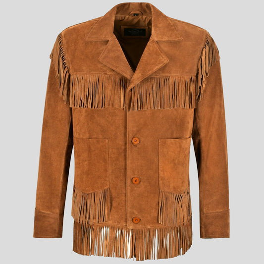 Mens Tan Classic Western Fringe Real Suede Jacket