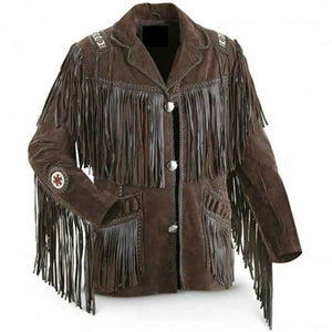 Mens Western Cowboy Leather Jacket with Fringed & Beads