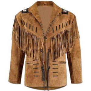 Mens Western Hunter Style Cowboy Leather Jacket With Fringe