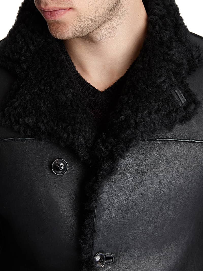 Mens Black Leather Faux Shearling Coat