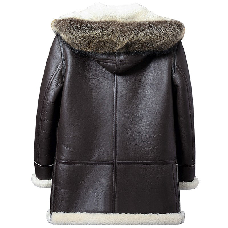 Mens Sheepskin Shearling Parka Coat with Detachable Hood
