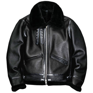 New Mens Black Genuine Sheepskin Shearling Leather Jacket Warm Fur Coat
