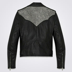 New Men's Black Silver Studded Punk Rock Cowhide Biker Leather Jacket Belted