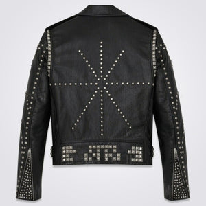 New Mens Handmade Black Full Silver Punk Studded Rivets Leather Jacket